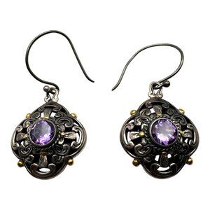 Victorian Style Amethyst & Sterling Silver 18K Gold Accent Earrings Art Deco